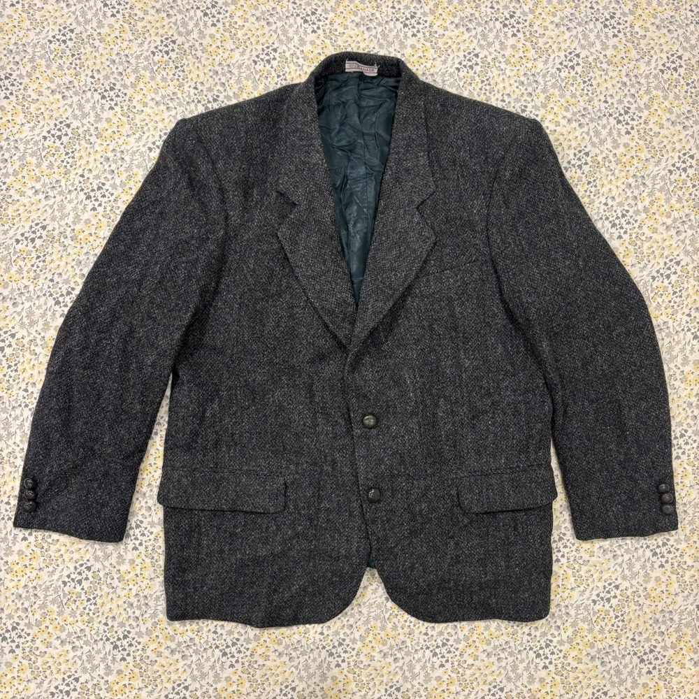 Vintage Harris Tweed Blazer Men's Size 42S Charcoal Grey Herringbone Hand Woven